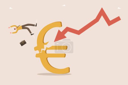 Illustration for Loss of money, profits from investments and deposits, decline in business value, financial or economic collapse, defeat or failure in the foreign exchange market, a man falls from a broken euro. - Royalty Free Image