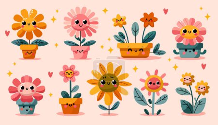 Illustration for Groovy cartoon flowers set. Happy cute flowers in pot, cool spring mascot and retro flowers characters. Green lawn or garden with plants with smiling face, flowers graphic elements isolated collection - Royalty Free Image