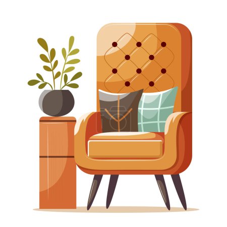 Illustration for Living room modern interior set with trendy scandinavian armchair. Vector flat style collection of furniture for house isolated on white background. Comfortable orange armchair, potted plant on drawer - Royalty Free Image