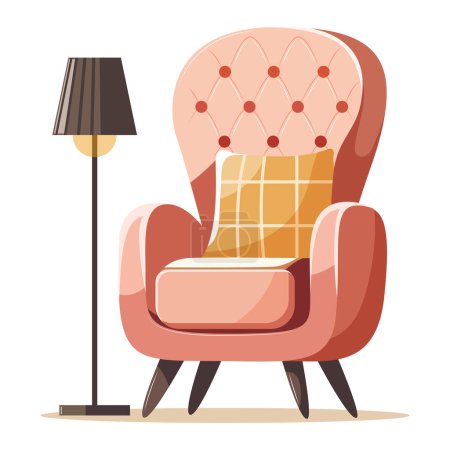 Illustration for Living room modern interior set with trendy scandinavian armchair. Vector flat style collection of furniture for house isolated on white background. Comfortable pink armchair, floor lamp. - Royalty Free Image