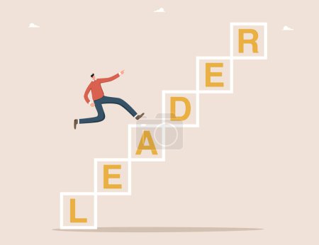 Illustration for Achieving business goals through hard work, motivation and determination for success, leadership skills for great success or high results and career growth, man running up leader's cubes. - Royalty Free Image
