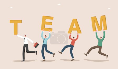 Illustration for Teamwork to achieve heights in work, collaboration and partnership to complete tasks successfully, brainstorming to achieve business goals, team motivation, performance, men running with team letters. - Royalty Free Image