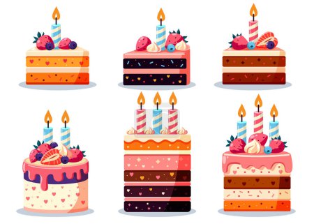 Illustration for Set of cakes slices pieces with candles isolated on white. Set of cakes. A piece of birthday cake with a candles, pink icing and fruits. Happy birthday card design element. - Royalty Free Image