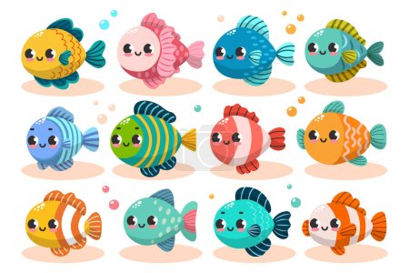 Téléchargez les illustrations : Ensemble vectoriel de poissons drôles mignons colorés. Monde sous-marin. Aquarium. Océanique et mer poissons colorés lumineux - en licence libre de droit