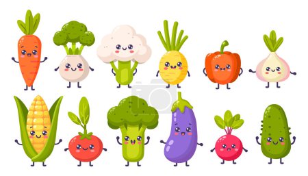 Téléchargez les illustrations : Groovy set de légumes de dessin animé. Heureux personnages de légumes mignons avec des plantes au visage souriant, éléments graphiques collection isolée. Illustration vectorielle des aliments. - en licence libre de droit