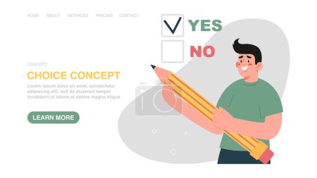 Illustration for Vector illustration for website with man making yes or no choice. Making business decisions, choosing alternative yes or no, rational thinking to have confidence in strategy or plan of action, voting. - Royalty Free Image