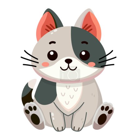 Illustration for Cute and smile cat, doodle pet friend. Funny adorable cat or fluffy kitten cartoon character design with flat color. Domestic animals sitting. Pet companion friendship. Illustration for sticker, print - Royalty Free Image