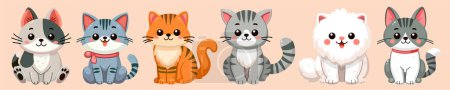 Illustration for Cute and smile cats set, doodle pets friends. Collection of funny adorable cats or fluffy kittens cartoon character design with flat color. Pets companions friendship. Illustration for sticker, print. - Royalty Free Image