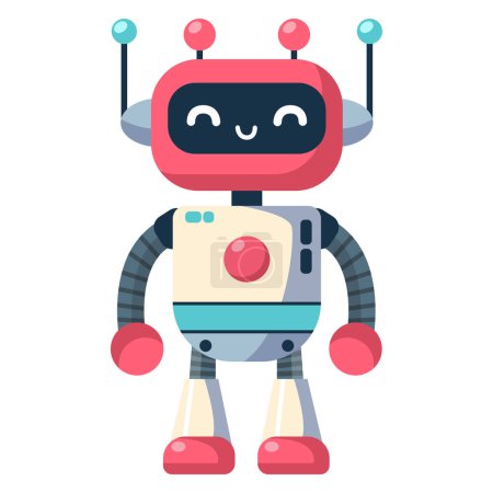 Illustration for Cheerful funny cartoon children's robot. Cute cyborg, futuristic modern bot, android, smiling character in flat vector illustration isolated on white background. Science technology concept. - Royalty Free Image
