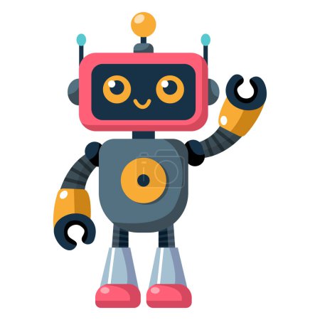 Téléchargez les illustrations : Joyeux robot drôle de dessin animé pour enfants. Cyborg mignon, bot moderne futuriste, androïde, personnage souriant dans une illustration vectorielle plate isolée sur fond blanc. Concept de technologie scientifique. - en licence libre de droit
