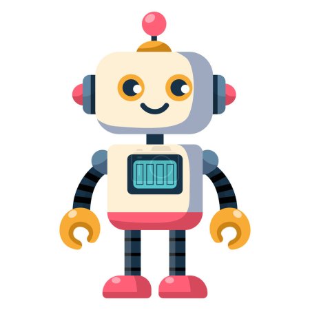 Ilustración de Alegre divertido robot de dibujos animados para niños. Lindo cyborg, bot moderno futurista, androide, personaje sonriente en ilustración vectorial plana aislada sobre fondo blanco. Concepto de tecnología científica. - Imagen libre de derechos