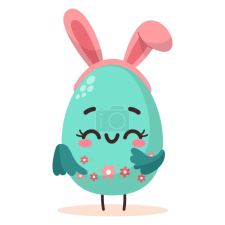 Illustration for Vector illustration of cute colored cartoon character easter egg with bunny ears and flowers. Groovy vintage cute mascot. Vector illustration. Happy Easter greeting card. - Royalty Free Image