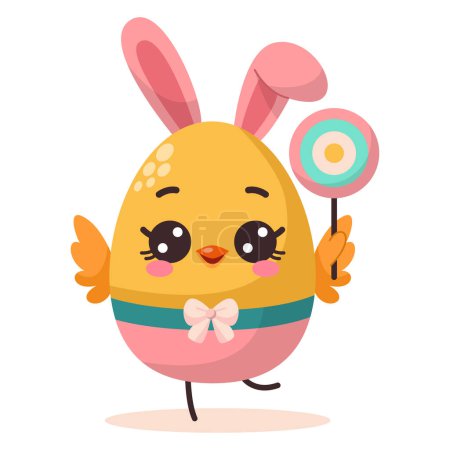 Illustration for Vector illustration of cute colored cartoon character easter egg with lollipop. Groovy vintage cute mascot. Vector illustration. Happy Easter greeting card. - Royalty Free Image