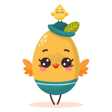 Illustration for Vector illustration of cute colored cartoon character easter egg in a hat with a chicken. Groovy vintage cute mascot. Vector illustration. Happy Easter greeting card. - Royalty Free Image