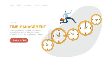Illustration for Vector illustration for poster, website, banner with man runs on the clocks. Managing work time and planning the working day, observing calendar schedule and meeting project deadlines, time management - Royalty Free Image