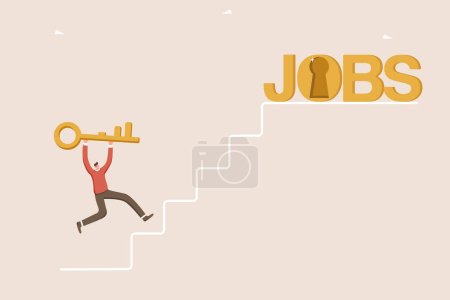 Illustration for Looking for a new job or employment, career path or promotion, ladder of success, new career vacancy, looking for new opportunities and work, a man with a key runs up the stairs to the word work. - Royalty Free Image
