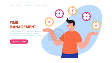 Illustration for Vector illustration for poster, website, banner with man juggles a clocks. Managing work time and planning the working day, observing calendar schedule and meeting project deadlines, time management. - Royalty Free Image