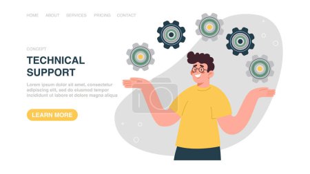 Illustration for Vector illustration for poster, website, banner with man juggling gears. Analyze problem to find business solution to solve problem, experience or skills to achieve success, technical support, service - Royalty Free Image