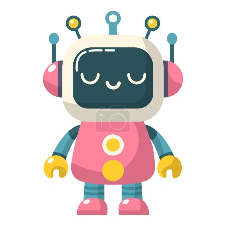Ilustración de Alegre divertido robot de dibujos animados para niños. Lindo cyborg, bot moderno futurista, androide, personaje sonriente en ilustración vectorial plana aislada sobre fondo blanco. Concepto de tecnología científica. - Imagen libre de derechos