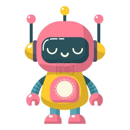 Téléchargez les illustrations : Joyeux robot drôle de dessin animé pour enfants. Cyborg mignon, bot moderne futuriste, androïde, personnage souriant dans une illustration vectorielle plate isolée sur fond blanc. Concept de technologie scientifique. - en licence libre de droit