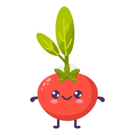 Illustration for Groovy cartoon funny tomato. Happy cute vegetable character with plant with smiling face, graphic elements isolated collection. Vector food illustration. - Royalty Free Image