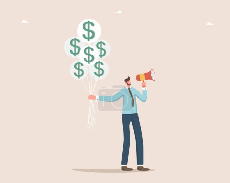 Illustration for Leadership skills for increasing investment portfolio, mentoring in financial and economic stability, motivation for income and salary growth, man speaks with megaphone and holds balloons with dollars - Royalty Free Image