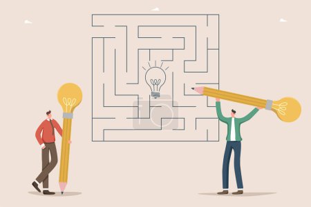 Illustration for Collaboration and teamwork in search of new creative ideas, thought process and logic as key to success, solving complex problems, brainstorming to create innovations, men go through maze to get idea. - Royalty Free Image