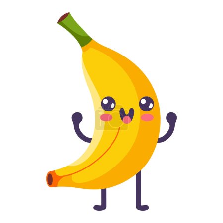 Téléchargez les illustrations : Groovy banane dessin animé. Joyeux personnage de fruit mignon, plante avec visage souriant, baie drôle, éléments graphiques collection isolée. Illustration vectorielle des aliments. - en licence libre de droit