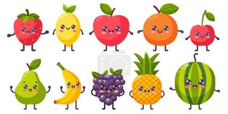 Illustration for Groovy cartoon fruits set. Happy cute fruits characters, plants with smiling face, funny berries, graphic elements isolated collection. Vector food illustration. - Royalty Free Image