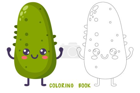 Illustration for Coloring book of groovy cartoon cute cucumber. Happy cute vegetable character with plant with smiling face, graphic elements isolated collection. Vector food illustration. - Royalty Free Image