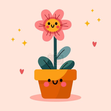 Illustration for Groovy cartoon flower. Happy cute little flower in pot, cool spring mascot and retro flower character. Green lawn or garden with plant with smiling face, flower graphic element isolated collection. - Royalty Free Image