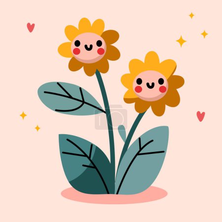 Illustration for Groovy cartoon flower. Happy cute orange flowers in garden, cool spring mascot and retro flower character. Green lawn or garden with plant with smiling face, flower graphic element isolated collection - Royalty Free Image