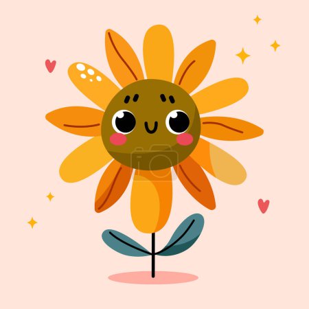 Illustration for Groovy cartoon flower. Happy cute sunflower, cool spring mascot and retro flower character. Green lawn or garden with plant with smiling face, flower graphic element isolated collection. - Royalty Free Image