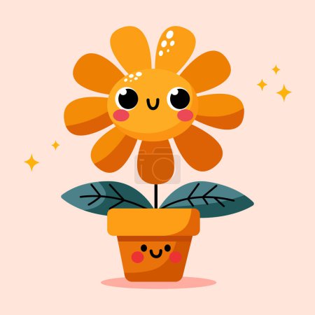 Ilustración de Groovy flor de dibujos animados. Feliz linda flor naranja en maceta naranja, mascota fresca de primavera, carácter de flor retro. Césped verde o jardín con planta con cara sonriente, flor elemento gráfico colección aislada - Imagen libre de derechos