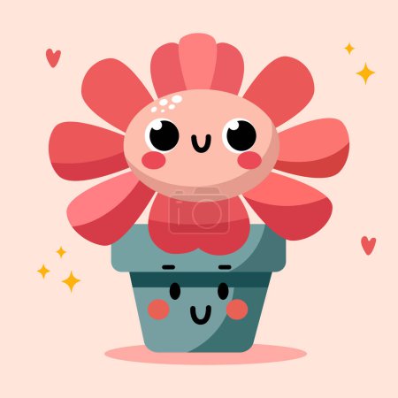 Illustration for Groovy cartoon flower. Happy cute red flower in green pot, cool spring mascot and retro flower character. Green lawn or garden with plant with smiling face, flower graphic element isolated collection. - Royalty Free Image