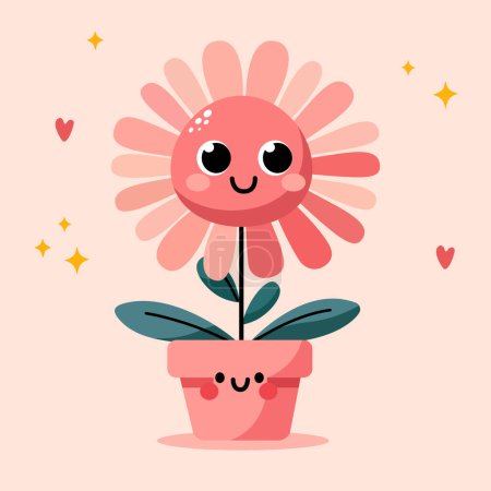Illustration for Groovy cartoon flower. Happy cute pink flower in pink pot, cool spring mascot and retro flower character. Green lawn or garden with plant with smiling face, flower graphic element isolated collection. - Royalty Free Image