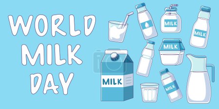 Ilustración de Día Mundial de la Leche y mes nacional de la leche. Set de productos lácteos. Conjunto de leche. Recogida de botellas, bolsas o cajas de leche. Ilustración simple vector de diseño plano. - Imagen libre de derechos