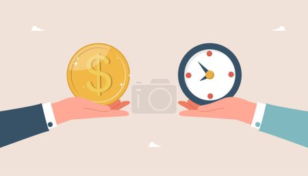 Illustration for Time is money, long-term return on investment, pension fund concept, interest income from investment or deposit, successful time management to achieve reward, large hands holding dollar coin and clock - Royalty Free Image
