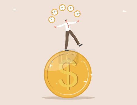 Illustration for Time is money, long-term return on investment, pension fund concept, interest income from investment or deposit, successful time management to achieve rewards, man juggles clock while standing on coin - Royalty Free Image