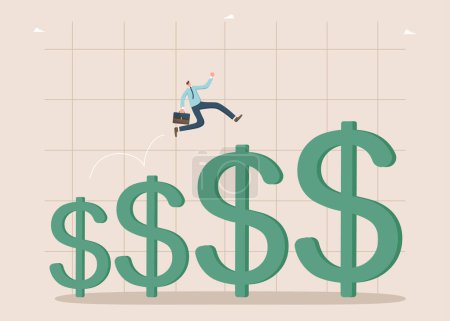 Illustration for Increasing income and wages, financial growth, improving the economy, profitability of the investment portfolio, growth of dollar currency, reduction in inflation, man runs up to schedule with dollars - Royalty Free Image