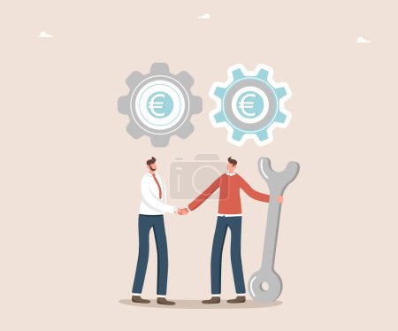 Illustration for Teamwork in achieving goals and receiving rewards, cooperation or partnership in business optimization, common vision of business and increasing profitability, men shaking hands under gears with euro. - Royalty Free Image