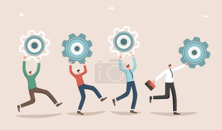 Illustration for Teamwork in finding a solution to problem, creative ways out of business problems, analysis and optimization of work, technical support and service in unforeseen situations, team runs with the gears. - Royalty Free Image