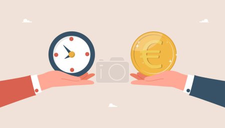 Illustration for Time is money, earning investment income, pension fund concept, relationship between workload and income, successful time management to achieve reward, large hands holding clock and euro coin. - Royalty Free Image