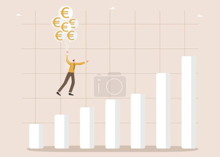Illustration for Increasing income and wages, financial growth, improving the economy, investment portfolio returns, increasing the value of the currency, the man on the euro balls takes off according to schedule. - Royalty Free Image