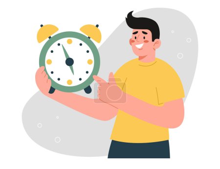 Managing work time and planning the working day, observing the calendar schedule and meeting project deadlines, time management, employee productivity per unit of working time, man holds clock.