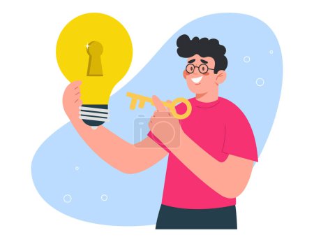 Illustration for Creative thinking to find way out of difficult situation, secret key to generating brilliant idea, brainstorming to create innovation or development strategy, man holds key and light bulb with keyhole - Royalty Free Image