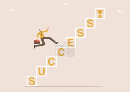Ilustración de Escalera de gran éxito, planificación de un camino para alcanzar la excelencia en el trabajo, alcanzar metas y conseguir una promoción profesional, concepto de ganar y recibir un premio, hombre corriendo por la escalera del éxito. - Imagen libre de derechos