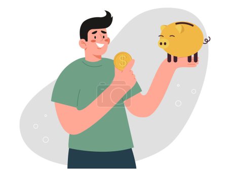 Illustration for Income and salary growth, investing assets and money, creating an investment portfolio and deposit boxes, managing money, improving the economy and stock market, a man throws a coin into a piggy bank. - Royalty Free Image