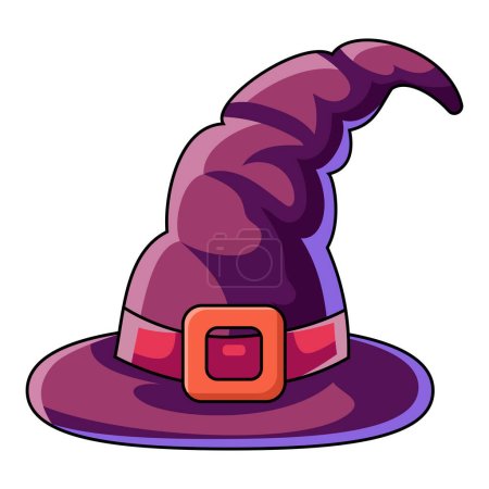 Illustration for Burgundy wizard hat. Cartoon magic witch hat. Wizard cap for Halloween party costume. Vector cartoon illustration of fantasy old magician or sorceress hat. - Royalty Free Image
