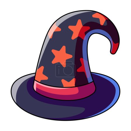 Illustration for Black hat with stars. Cartoon magic witch hat. Wizard cap for Halloween party costume. Vector cartoon illustration of fantasy old magician or sorceress hat. - Royalty Free Image